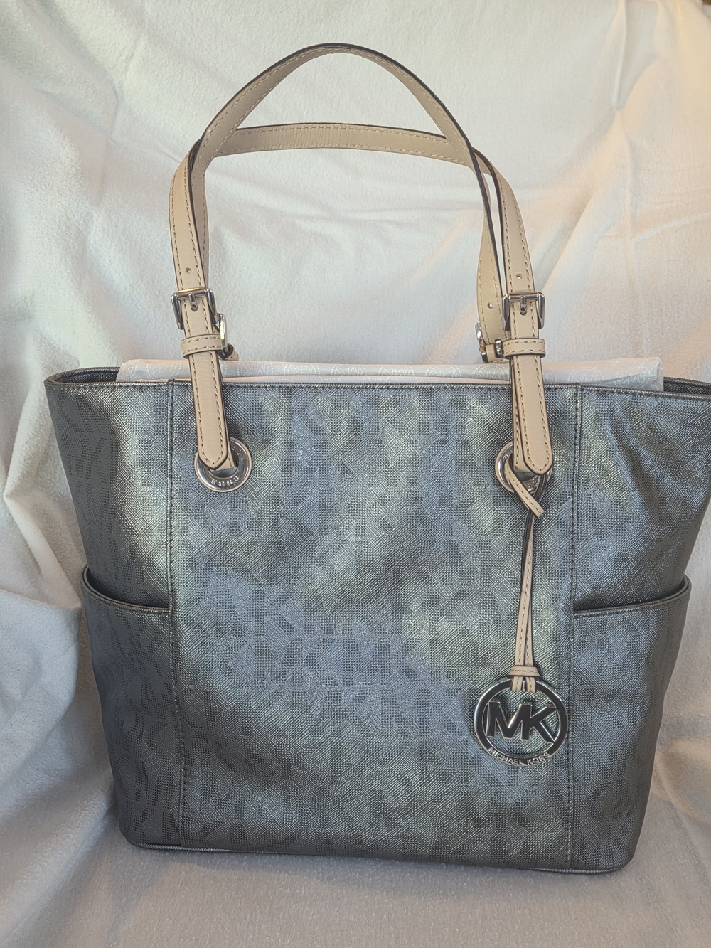 Michael Kors Metallic Silver Tote with Cream Handles